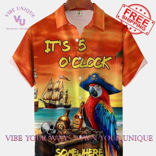 Chest Pocket 5 O’Clock Parrot Moisture Wicking Hawaiian Shirt