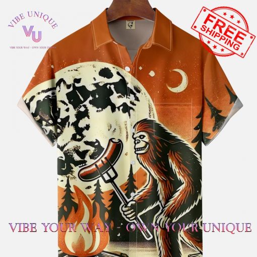 Chest Pocket Bigfoot Moisture Wicking Sausage BBQ Hawaiian Shirt