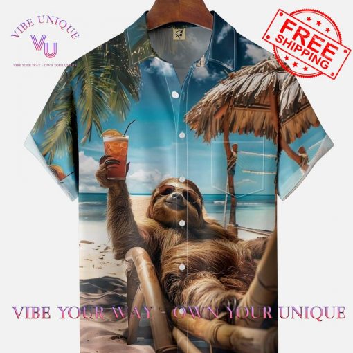 Chest Pocket Vacation Sloth Moisture Wicking Hawaiian Shirt