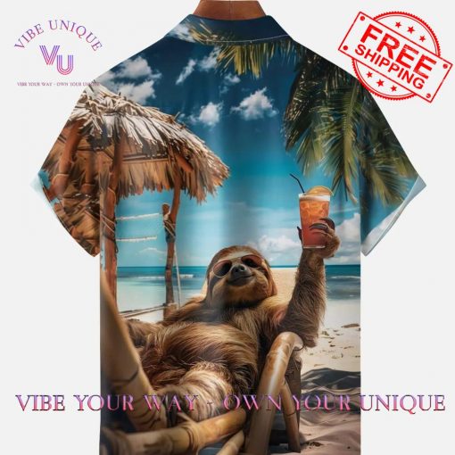 Chest Pocket Vacation Sloth Moisture Wicking Hawaiian Shirt