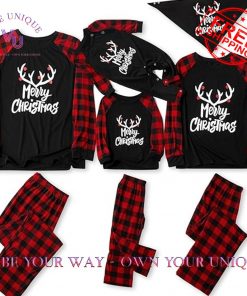 Merry Christmas Letter and Plaid Printed Family Pajamas Set