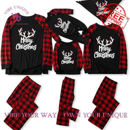 Merry Christmas Letter and Plaid Printed Family Pajamas Set