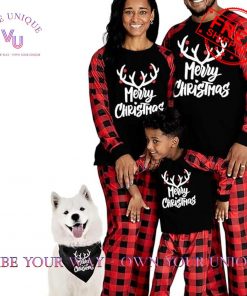 Merry Christmas Letter and Plaid Printed Family Pajamas Set