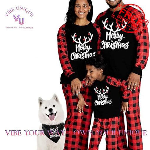 Merry Christmas Letter and Plaid Printed Family Pajamas Set