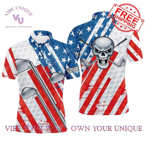 Personalized American Flag Skull Partriotic Polo Shirt