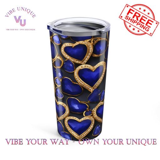 Sapphire and Gold Hearts Tumble Gemstone Crystal Design Tumbler