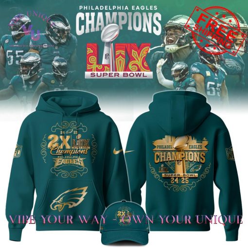 Philadelphia Eagles Super Bowl LIX 2X Champions Limited Edition Midnight Green Hoodie