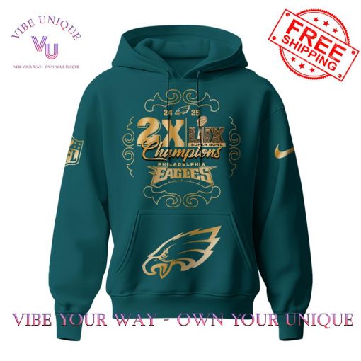 Philadelphia Eagles Super Bowl LIX 2X Champions Limited Edition Midnight Green Hoodie